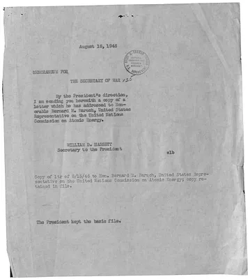 Memorandum from William D. Hassett to the Secretary of War
