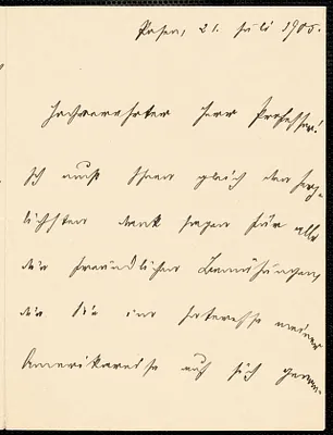 Kühnemann, Eugen, 1868-1946 autograph letter signed to Hugo Münsterberg, Posen, Ger., 21 July 1905