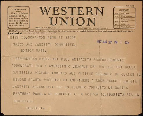 Ballelli telegram, in Italian, to Sacco-Vanzetti Defense Committee, Scranton, Pa., August 27, 1927