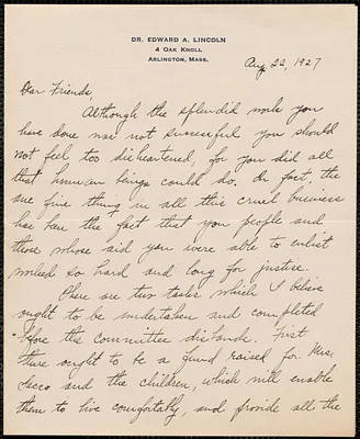 Edward A. Lincoln autograph letter signed to Sacco-Vanzetti, Arlington, Mass., August 22, 1927