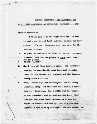 Press conference by Eleanor Roosevelt in Pittsburgh, Pennsylvania, 2 November 1960