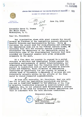 Letter from Paul Ginsberg, Jewish War Veterans of the United States of America, to President Harry S. Truman
