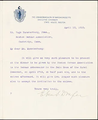Draper, Eben Sumner, 1858-1914 typed letter signed to Hugo Münsterberg, Boston, 12 April 1910