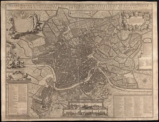 Recentis Romae ichnographia et hypsographia sive planta et facies ad magnificentiam qua sub Alexandro VII P.M. urbs ipsa directa exculta et decorata est