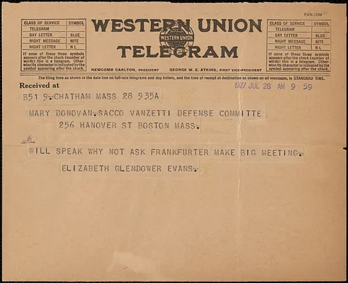 Elizabeth Glendower Evans telegram to Mary Donovan, Chatham, Mass., July 28, 1927