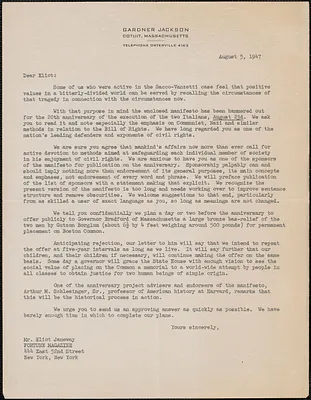 Gardner Jackson typed letter to Eliot Janeway (Fortune Magazine), Cotuit, Mass., August 5, 1947