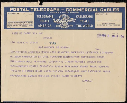 Lovell telegram to Aldino Felicani, London, Engl., August 8, 1927
