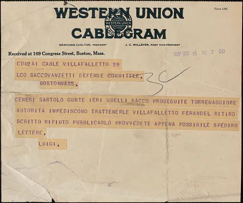 Luigi[a] Vanzetti telegram, in Italian, to Sacco-Vanzetti Defense Committee, Villafalletto, Italy, October 15, 1927