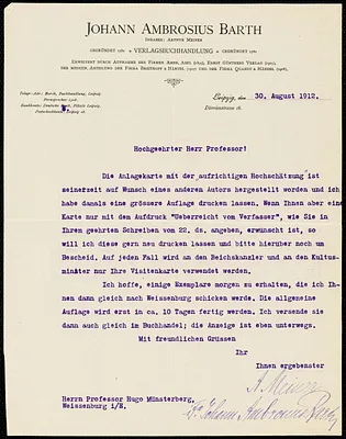 Meiner, Arthur, 1865-1952 typed letter signed to Hugo Münsterberg, Leipzig, Ger., 30 August 1912