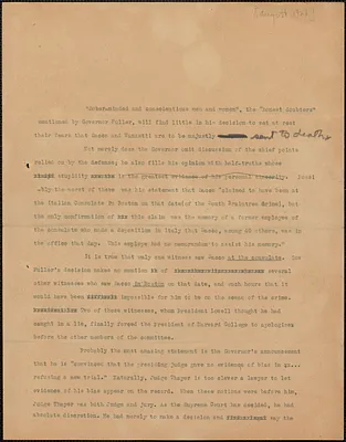 [Sacco-Vanzetti Defense Committee] typed document, [Boston, Mass., August 1927]