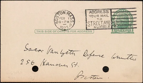 E[lizabeth] G[lendower] Evans autograph note signed (postcard) to Sacco-Vanzetti Defense Committee, Boston, Mass., February 1, 1923