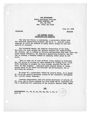 War Department Press Release