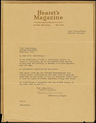 Brainard, E. Wallace, fl. 1914 typed letter signed to Hugo Münsterberg, New York, 23 April 1914