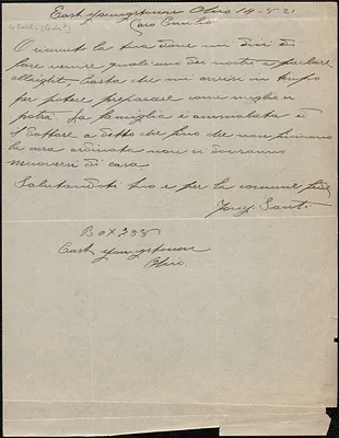 Tony Sauti autograph note signed, in Italian, to Emilio Coda, East Youngstown, Ohio, August 14, 1921
