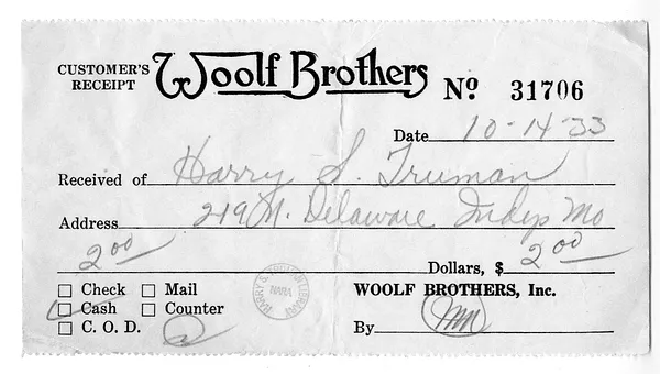 Receipt from Woolf Brothers for Harry S. Truman