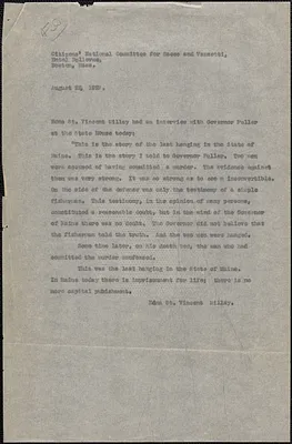 Citizens National Committee for Sacco and Vanzetti press release (copy), Boston, Mass., August 22, 1927