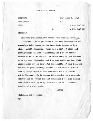 Telegram from Acting Secretary of State Robert Lovett to Secretary of State George C. Marshall