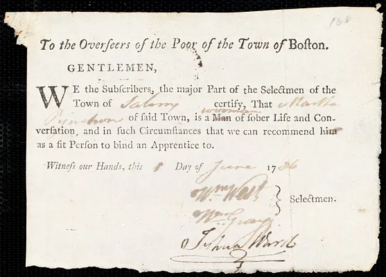 Ester Ford indentured to apprentice with Martha Pynchon of Salem, 7 June 1786