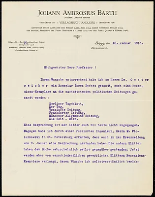 Meiner, Arthur, 1865-1952 typed letter signed to Hugo Münsterberg, Leipzig, Ger., 18 January 1913