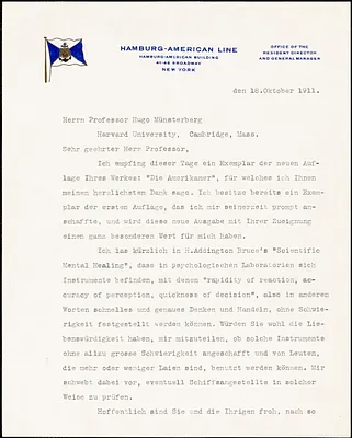 Boas, Emil Leopold, 1854-1912 typed letter signed to Hugo Münsterberg, New York, 18 October 1911