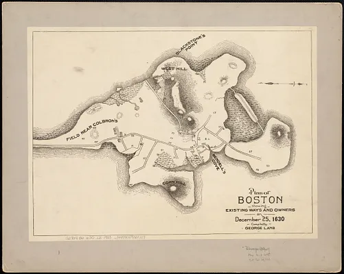 Plan of Boston showing existing ways and owners on December 25, 1630