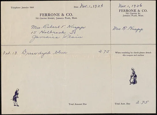 Invoice from Ferrone & Co. for Mrs. Robert F. Knapp, Nov. 1, 1936