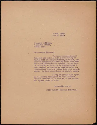 Sacco-Vanzetti Defense Committee typed letter (copy) to Aaron Valleman, Boston, Mass., February 9, 1925