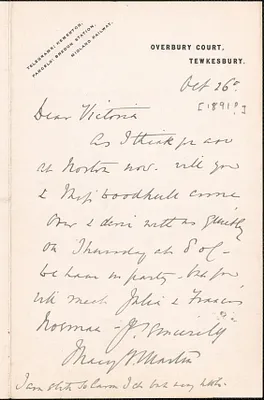 Mary Martin autograph letter signed to Victoria [Woodhull Martin], Tewkesbury, England, October 26, [1891?]