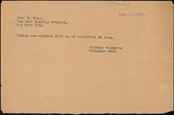 Michael A. Musmanno telegram (copy) to John W. Gray, August 17, 1927