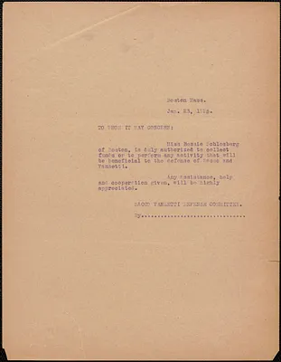Sacco-Vanzetti Defense Committee typed letter (copy) to whom it may concern, Boston, Mass., January 23, 1925