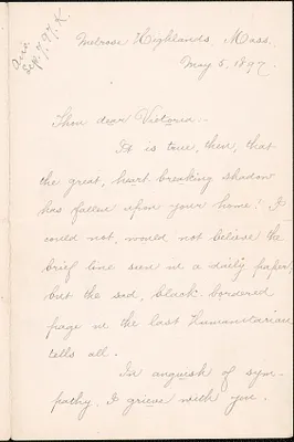 Jennie Leys autograph letter signed to [Victoria Woodhull] Martin, Melrose Highlands, Mass., May 5, 1897