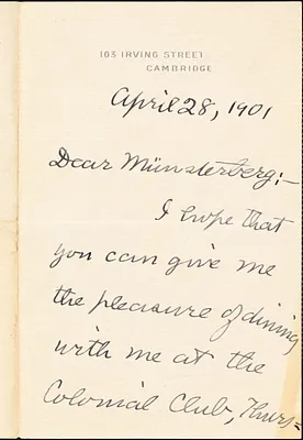 Royce, Josiah, 1855-1916 autograph letter signed to Hugo Münsterberg, Cambridge, Mass., 28 April 1901