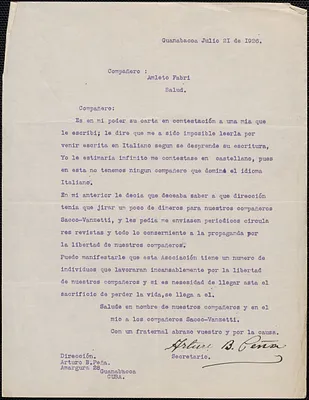 Arturo Peña typed letter signed, in Spanish, to Amleto Fabbri, Guanabacoa, Cuba, July 21, 1926