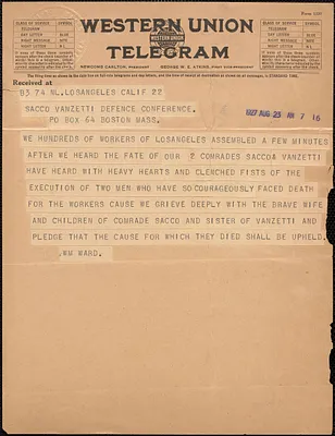 [William] Ward telegram to Sacco-Vanzetti Defense Committee, Los Angeles, Calif., August 23, 1927