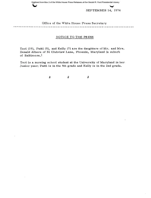 Information on Teri, Patti, and Kelly Albers (1,000,000th visitor to White House in 1974 and family) [Notice to Press]