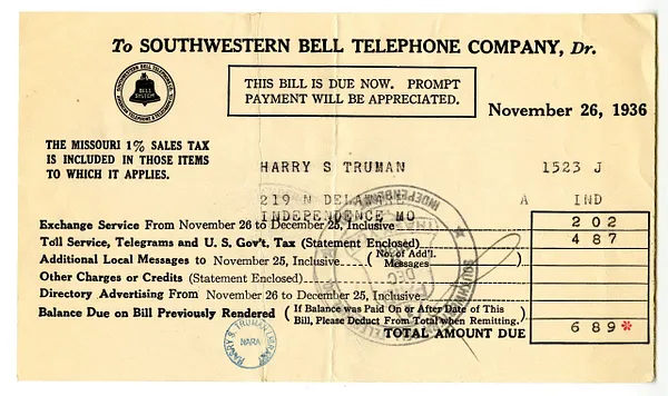 Bill from Southwestern Bell Telephone Company to Harry S. Truman
