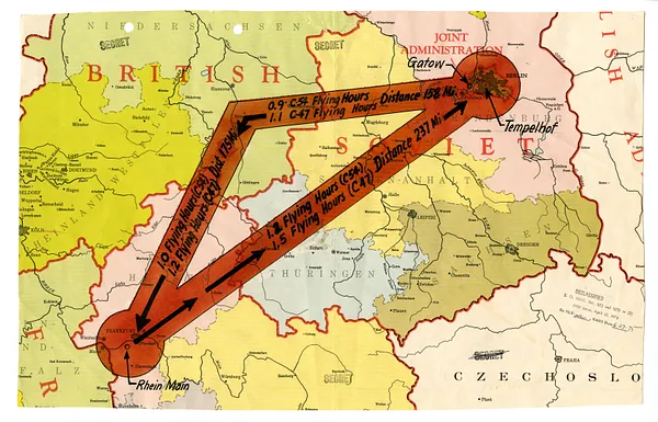 Map, Flight Paths Between Berlin and Rhein Main, Germany