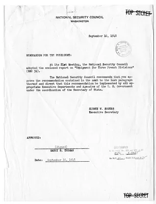 National Security Council Report 31, Report to the National Security Council by the Secretary of Defense on Equipment for Three French Divisions