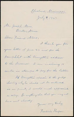 Frederic W. Raper autograph note signed to Joseph Moro, Cleveland, Miss., July 9, 1927