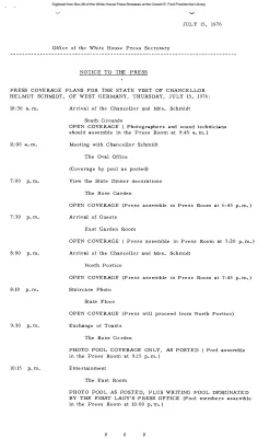 Press coverage plans for the State Visit of Chancellor Helmut Schmidt of West Germany [Schedule]