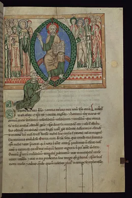 Leaf from Speculum Virginum: Christ in Majesty Flanked by Mary, John the Evangelist, and Saints with a Kneeling Monk