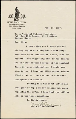 Louis G. Bernheimer typed letter signed to the Sacco-Vanzetti Defense Committee, N.Y., 10 June 1927