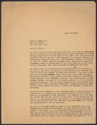 Sacco-Vanzetti Case Records, 1920-1928. Correspondence. Gardner Jackson to John J. Leary, April 1929. Box 41, Folder 56, Harvard Law School Library, Historical & Special Collections
