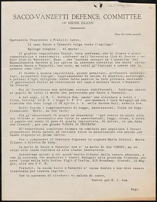Sacco-Vanzetti Defense Committee of Rhode Island typed letter (circular), in Italian, [Providence?], Rhode Island, approximately [May 1-10, 1927]