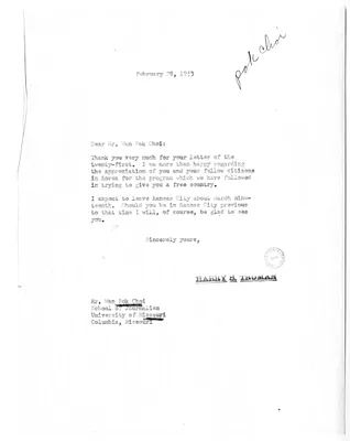 Letter from Former President Harry S. Truman to Wan Pok Choi