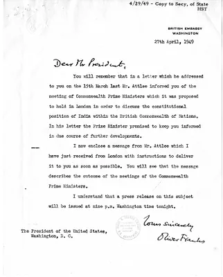 Memorandum from Carlisle Humelsine to William J. Hopkins, with Attached Letter from Oliver Franks to President Harry S. Truman and Related Material