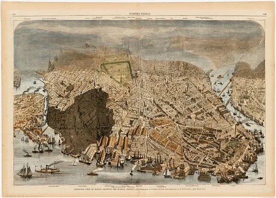 Bird's-eye view of Boston, showing the burned district