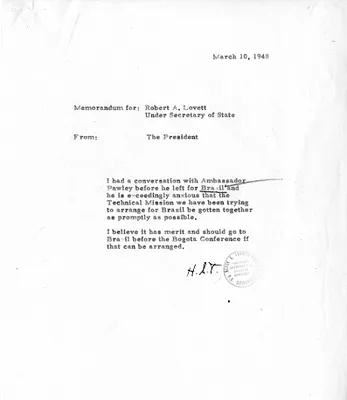 Memorandum from President Harry S. Truman to Under Secretary of State Robert Lovett, with Related Material