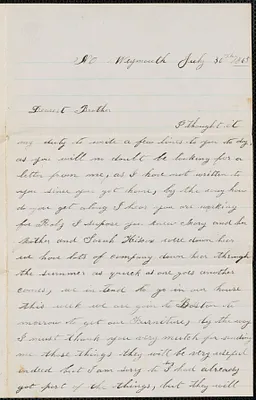 Letter from Lizz Culley, No. Weymouth, to William Jubb, West Chelmsford, Mass., July 30, 1865