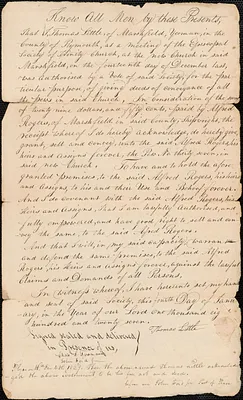 Deed of pew conveyance for pew owner Alfred Rogers, shipwright of Marshfield